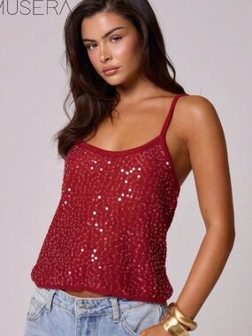 MUSERA Strappy Sequin Spaghetti Strap Top Burgundy NWT